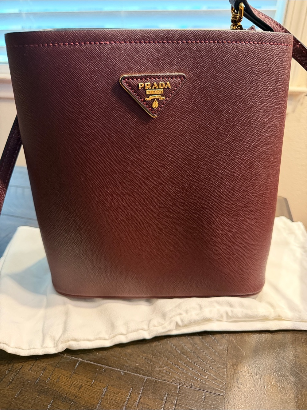 Prada Saffiano Crossbody Bag in Burgundy with Gold Hardware